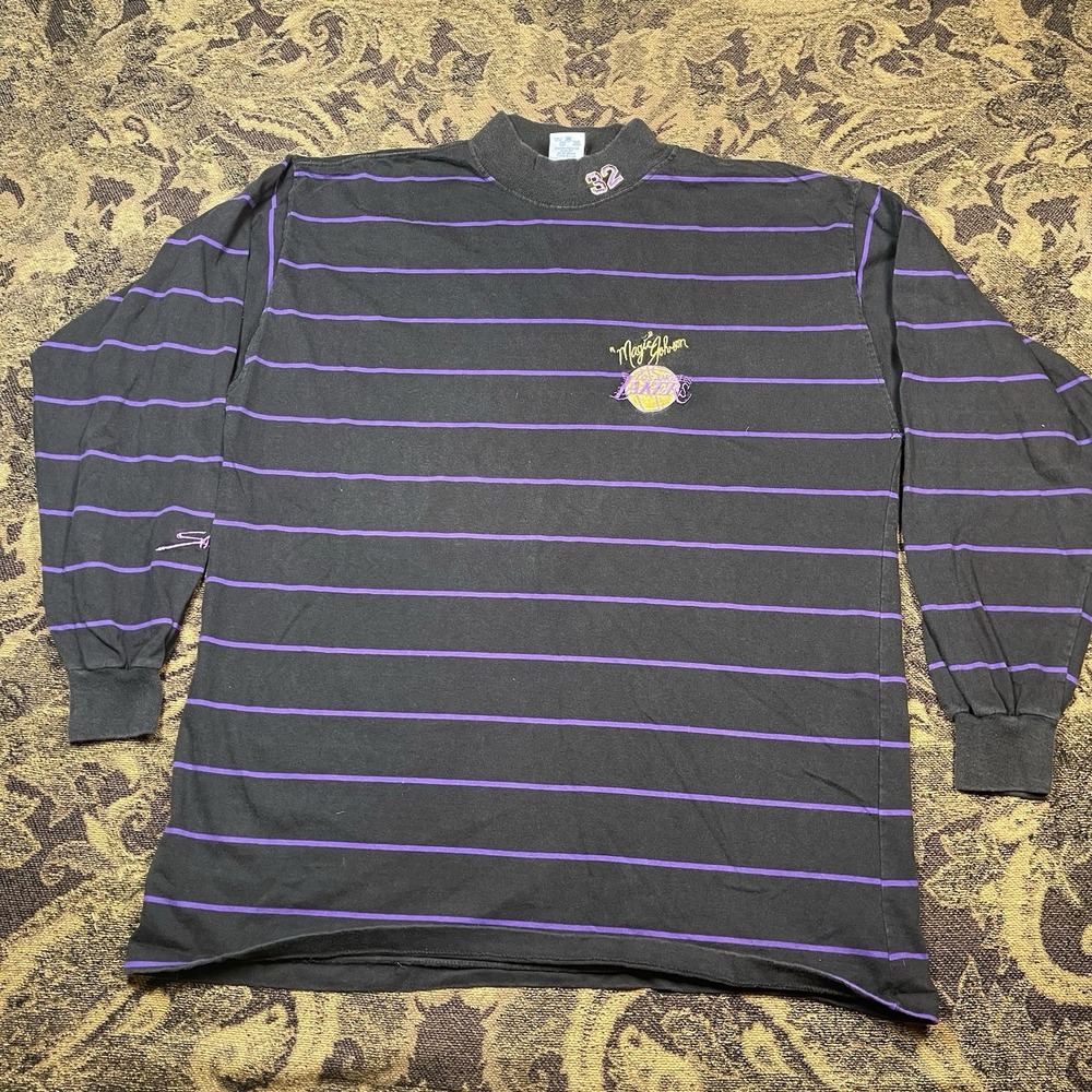 Vtg Salem Magic Johnson LA Lakers striped longsleeve Mock shirt Mens Size Large